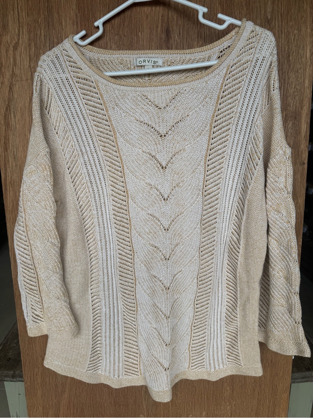 Orvis Women’s XL 100% Cotton Open Knit Cable Sweater Cream Tan Boho Coastal